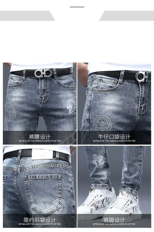 Slim Fit Korean Streetwear Graphical Printed Luxury Hip-Hop Stretch Denim Jeans for Men - Perfect Medium Wash Jeans Outfit